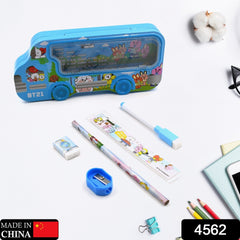 4562  Bus Shape Compass Box for Boys, Kids School Accessories |  Pencil Box  with Wheels for Girls and Kids, String Operated Case Students School Supplies - Stationery Set Organizer Birthday Return Gift for Kids