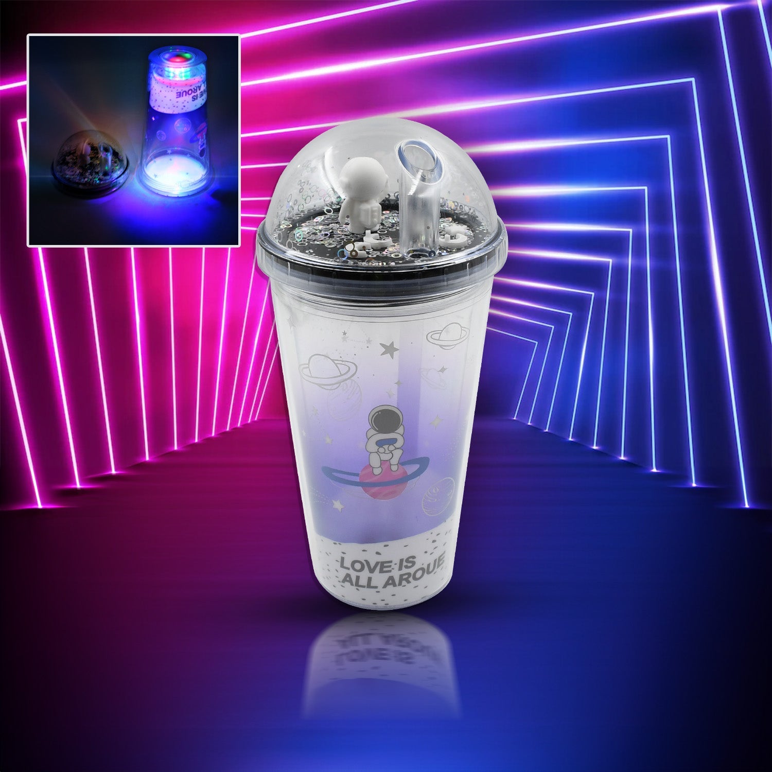 6883B  LED Glow Light, Design Printed Insulated Double Wall Plastic Tumbler Cups With Straws 13oz Theming Astronaut in Space Travel Tumbler Freezer Mug Drinking Cups for Boys and Girls School/Tuition/Gym/ Picnic (Pack Of 1)