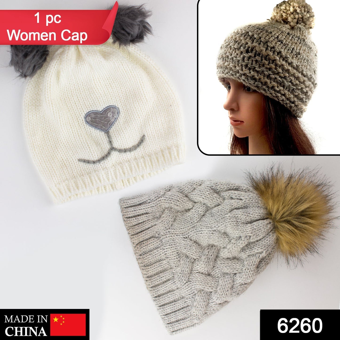6260 Mix Design Winter cap for Women Warm Thick Cotton Lining Skull Cap Warm Cap Outdoor Sports Hat for Ladies DeoDap