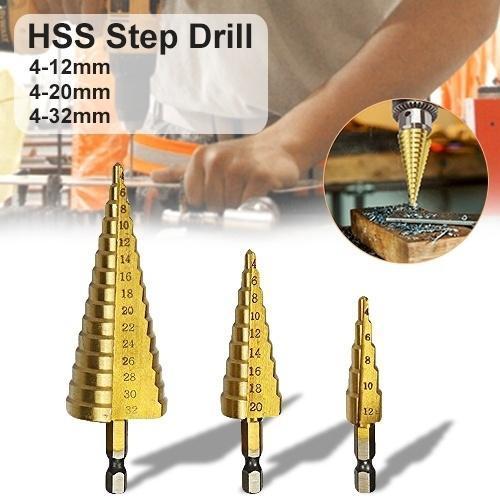 437 -3X Large HSS Steel Step Cone Drill Titanium Bit Set Hole Cutter (4-32, 4-20, 4-12mm) DeoDap