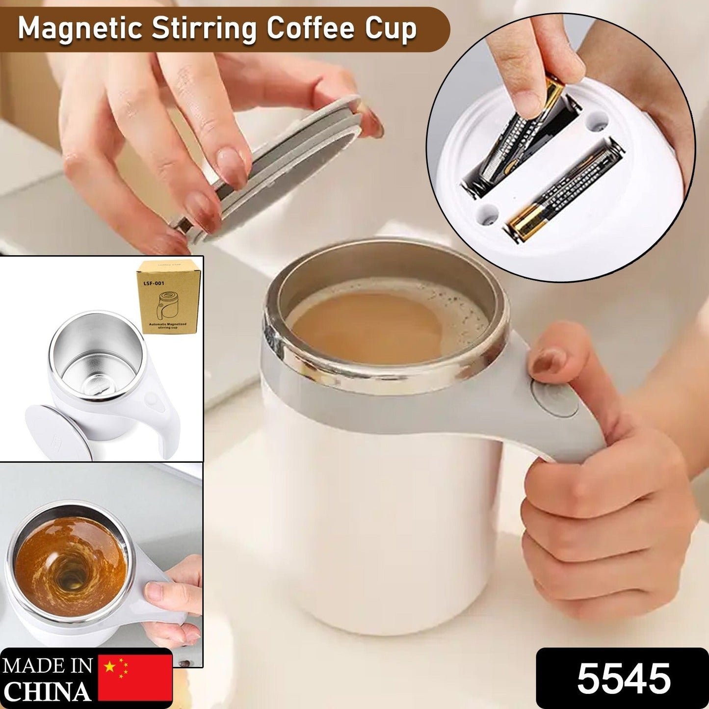 5545 Stirring Coffee Mug | Magnetic Stirring Coffee Cup | Stainless Steel Mug for Milk | Travel Mixing Cup | Self Stirring Coffee Mug, Suitable for Coffee / Milk / Hot Chocolat | Battery Operated ( Battery Included )