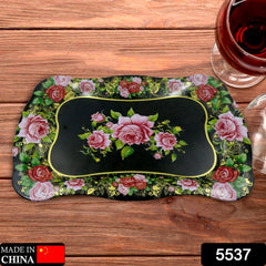 5537 Stainless Steel Serving Tray With Flower Printed Rectangle Premium Dining Table Plate (18 x 8.5 Inch / 1 Pc)
