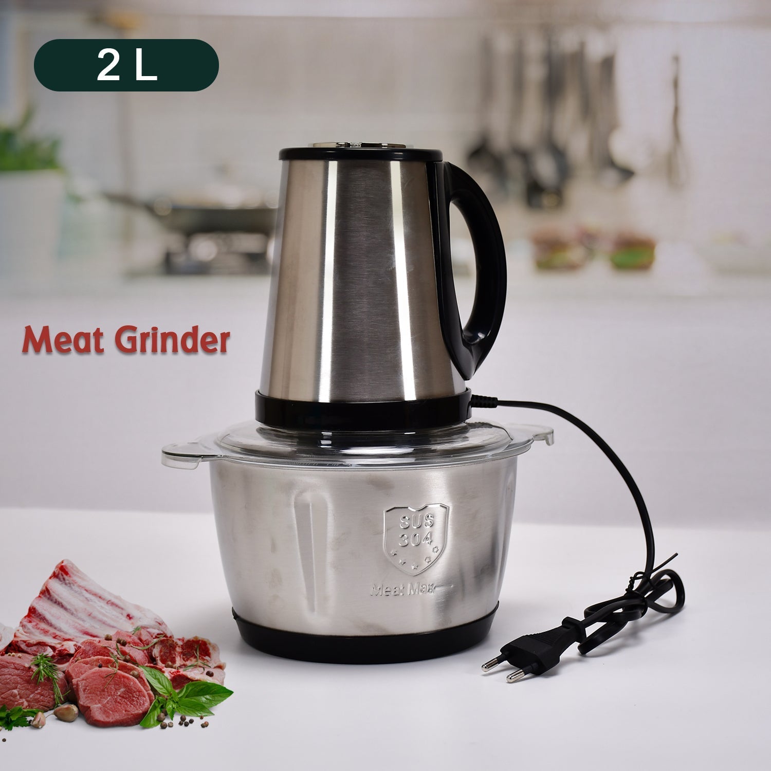 2362 STAINLESS STEEL ELECTRIC MEAT GRINDERS WITH BOWL HEAVY FOR KITCHEN FOOD CHOPPER, MEAT, VEGETABLES, ONION , GARLIC SLICER DICER, FRUIT & NUTS BLENDER (2L, 250WATTS) DeoDap