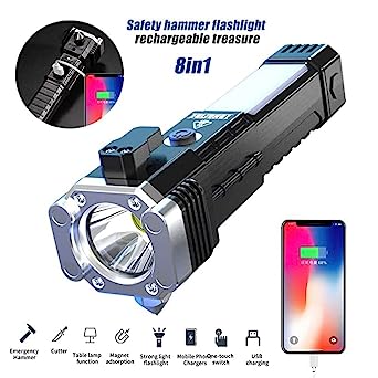 1524 Portable 3w Rechargeable Torch LED Flashlight Long Distance Beam Range, Hammer and Strong Magnets, Window Glass and Seat Belt Cutter 4 Modes for Car Camping Hiking Indoor Outdoor