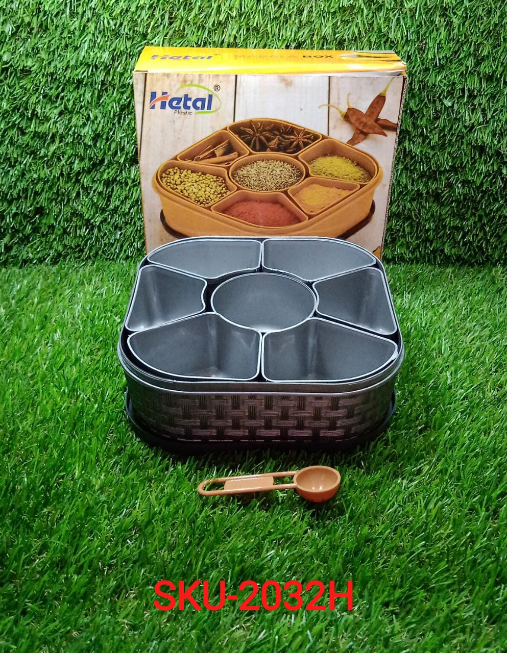 2032H Masala Box for Keeping Spices, Spice Box for Kitchen, Masala Container, Plastic Wooden Style, 7 Sections (Multi Color). DeoDap