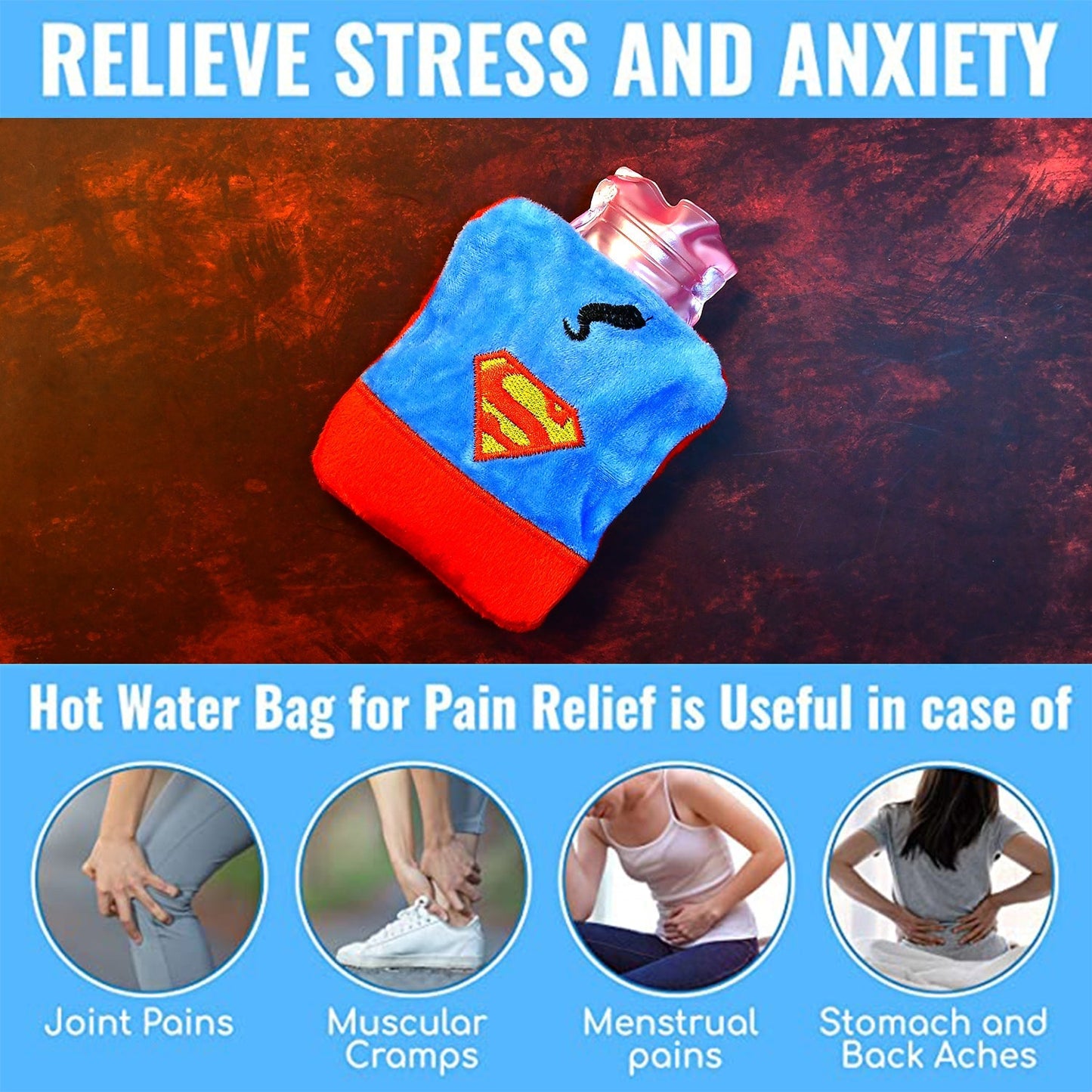 6530 Superman Print small Hot Water Bag with Cover for Pain Relief, Neck, Shoulder Pain and Hand, Feet Warmer, Menstrual Cramps. DeoDap
