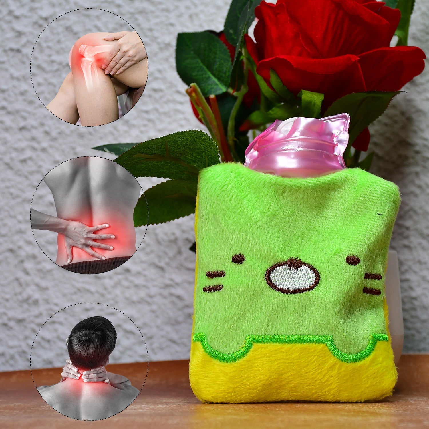 6514 Green Kitty small Hot Water Bag with Cover for Pain Relief, Neck, Shoulder Pain and Hand, Feet Warmer, Menstrual Cramps. DeoDap