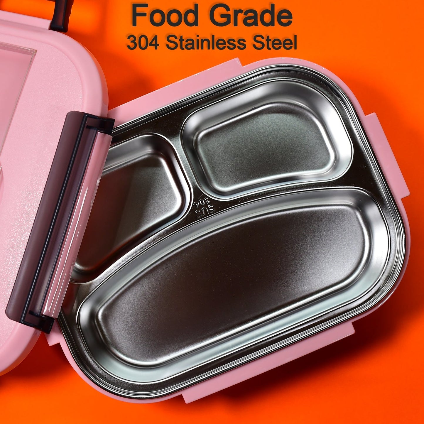 2041 Pink Lunch Box for Kids and adults, Stainless Steel Lunch Box with 3 Compartments With spoon slot. DeoDap