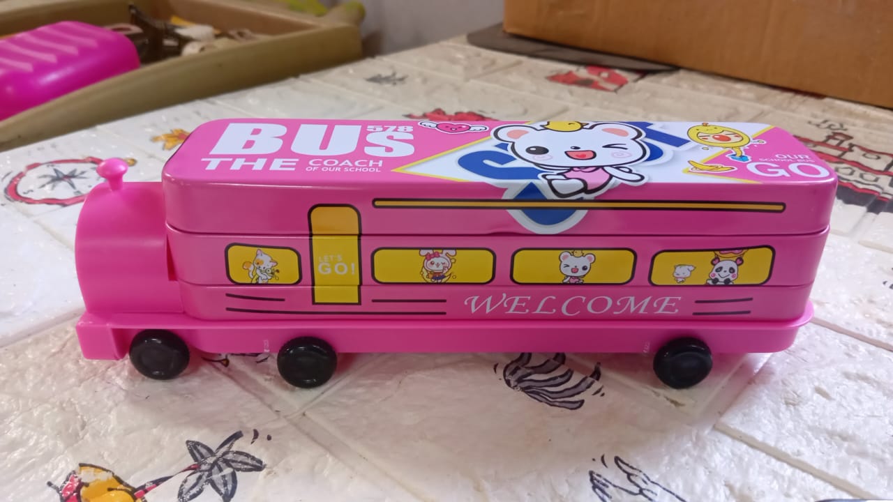 4672  Double Decker Magic Bus Compass 2 Layer Metal Bus Compass Pencil Case with Movable Wheels & Sharpener Bus Shape with Tiers Metal Pencil Box for Kids Birthday Party