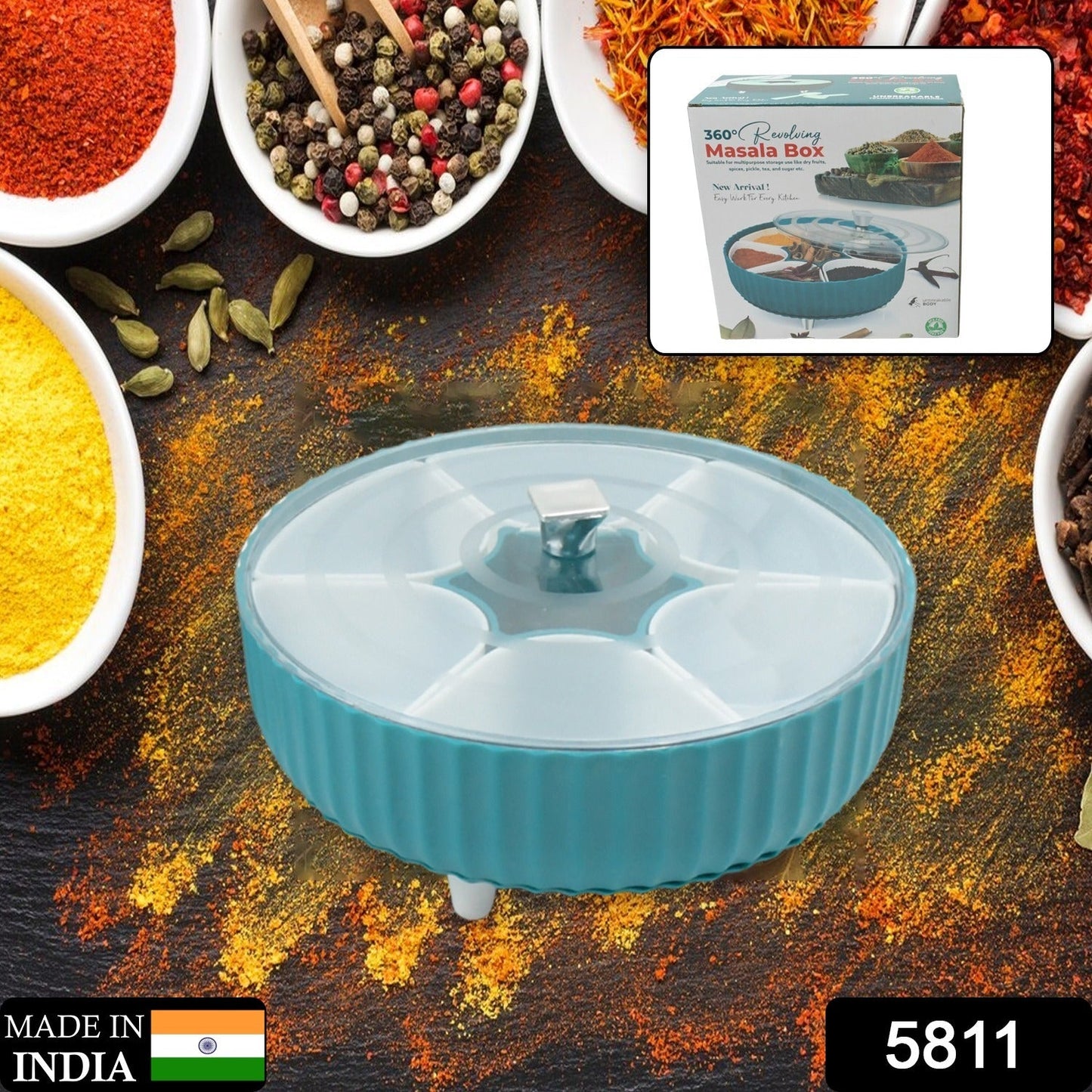 5811 360° Revolving Spice Box & Dry Fruit Box Plastic 7 Compartment Box Suitable For Multipurpose Storage Use like Dry Fruit , Spices , Pickle , Tea , & Sugar Etc, Kitchen Use