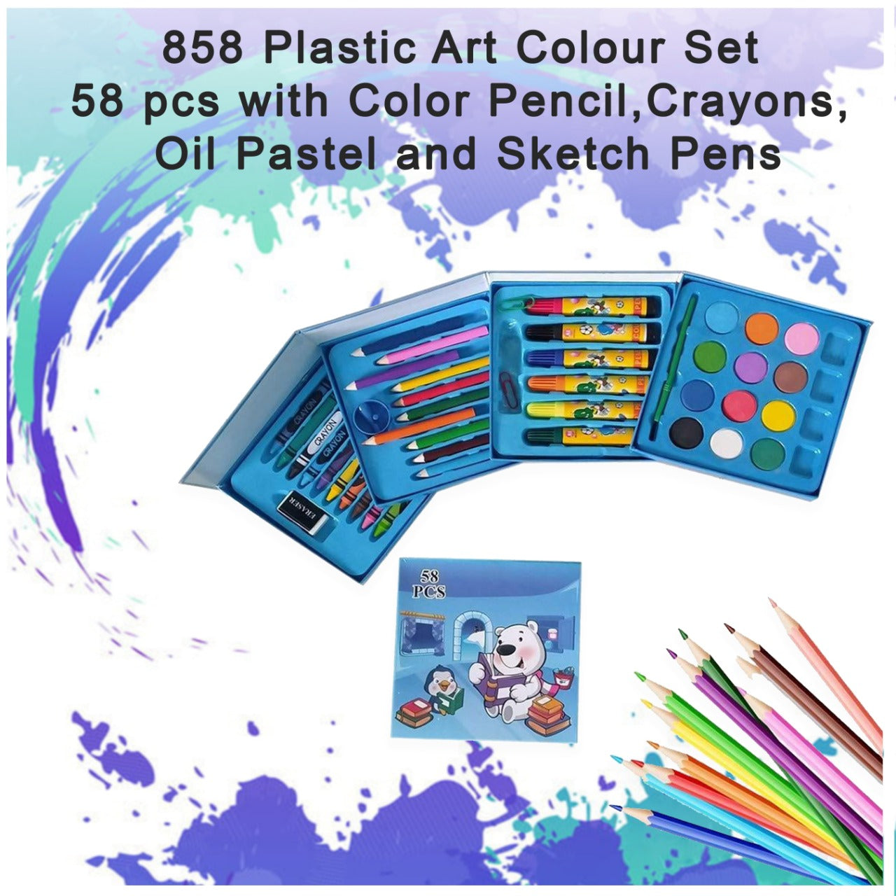 858 Plastic Art Colour Set 58 pcs with Color Pencil, Crayons, Oil Pastel and Sketch Pens DeoDap