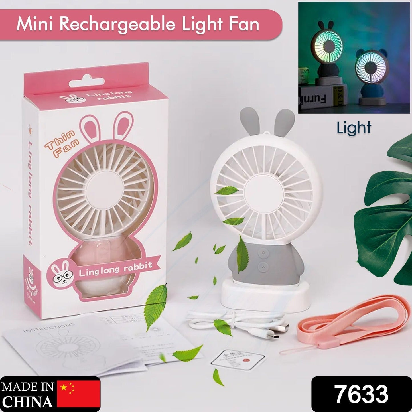 4820 Mini Portable Fan USB Rechargeable Handheld Rabbit Style Color Changing LED Light Pocket Desk Light Fan DeoDap