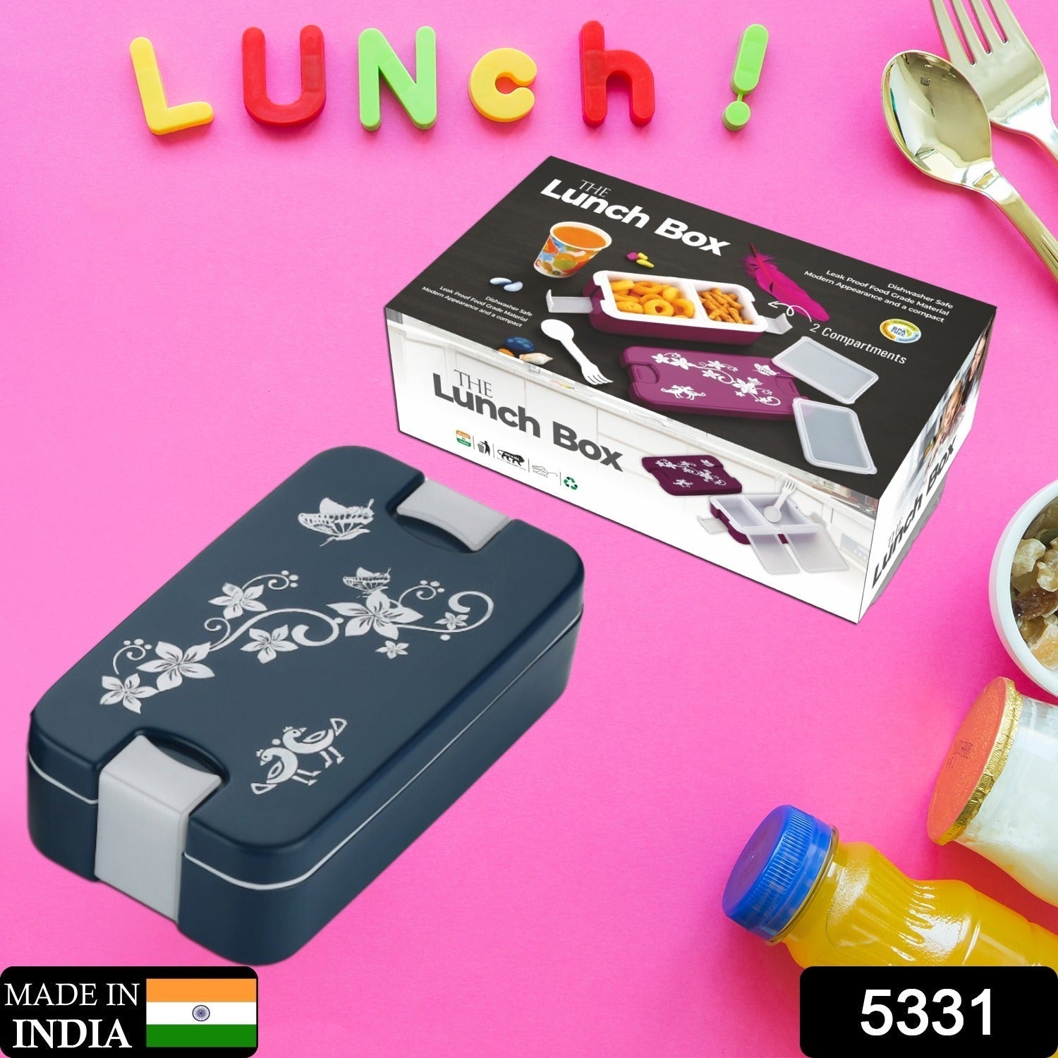 5331 Airtight Lunch Box 2 Compartment Lunch Box Leak Proof Food Grade Material Lunch Box Modern Appearance & Compact Lunch Box With Spoon DeoDap