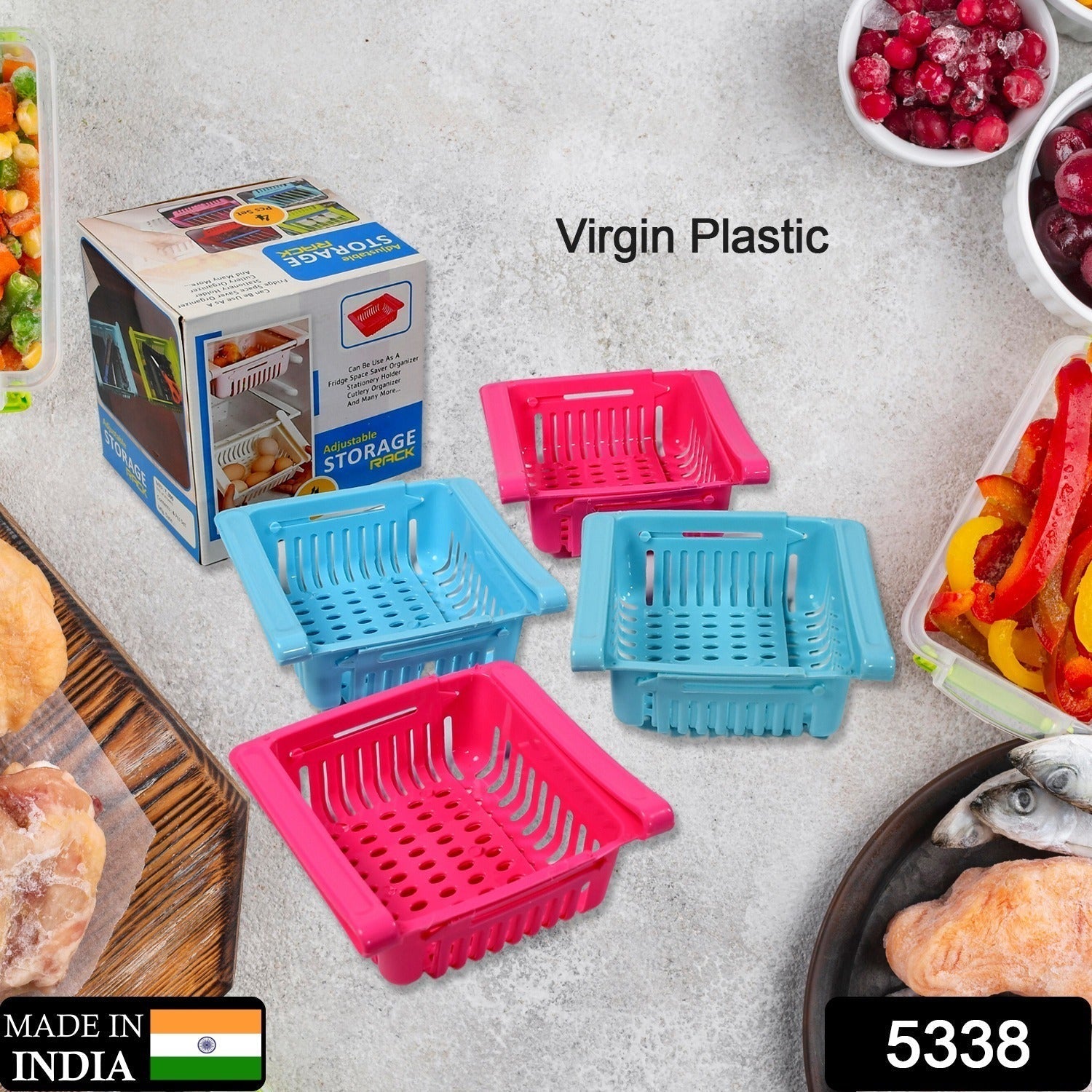 5338 Virgin Freeze Storage Unbreakable Adjustable Multi Color Tray with Extra Storage | Easy to Remove, Easy to Clean | Pack of 4 Tray DeoDap