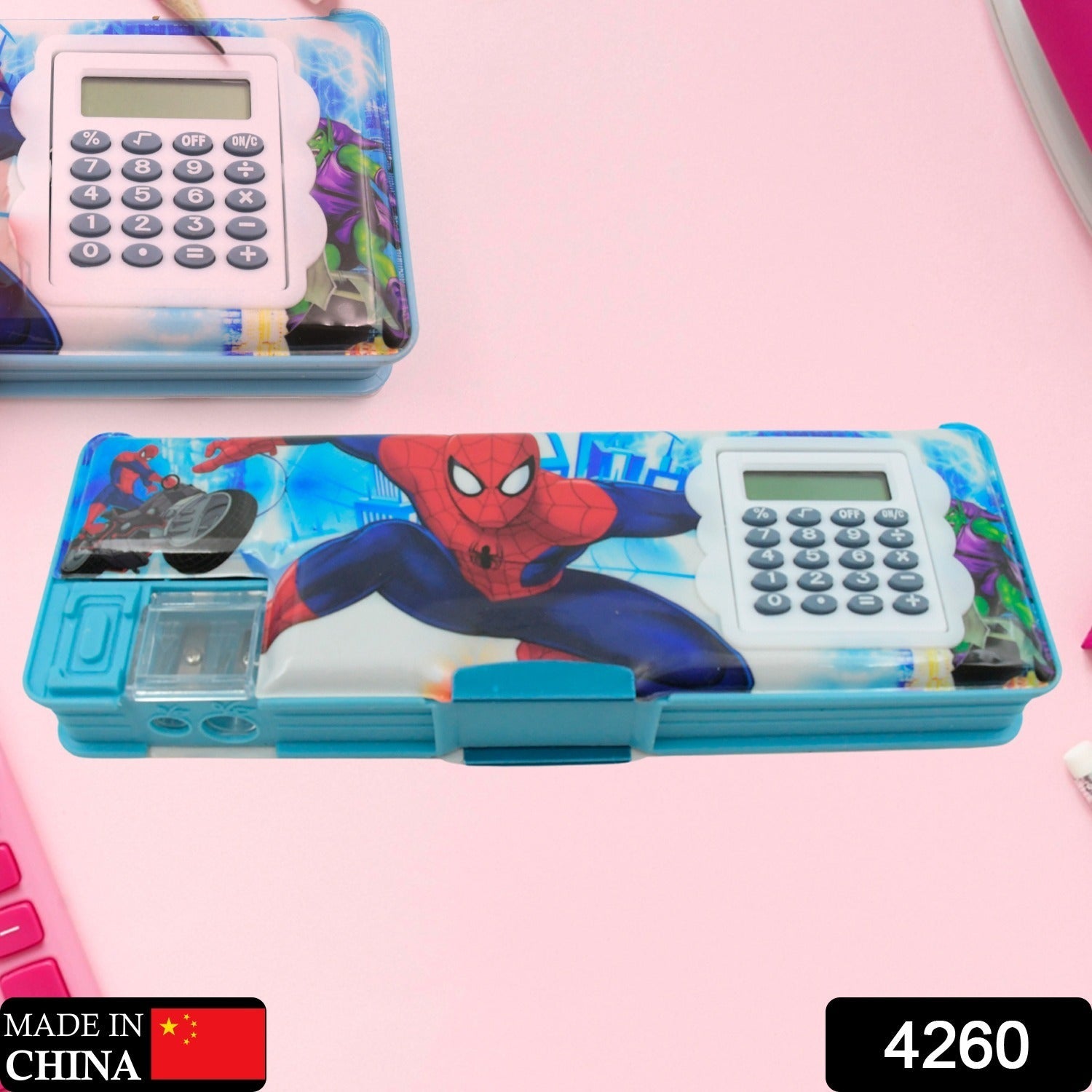 4260 Art & Stationery Cartoon Multi-functional Geometry Box for Boys with Inbuilt Calculator, 2 Sides Open and Double Sharpener Stationery Kit Pencil Box for Boys Art Plastic Pencil Box  for Girls and Boys