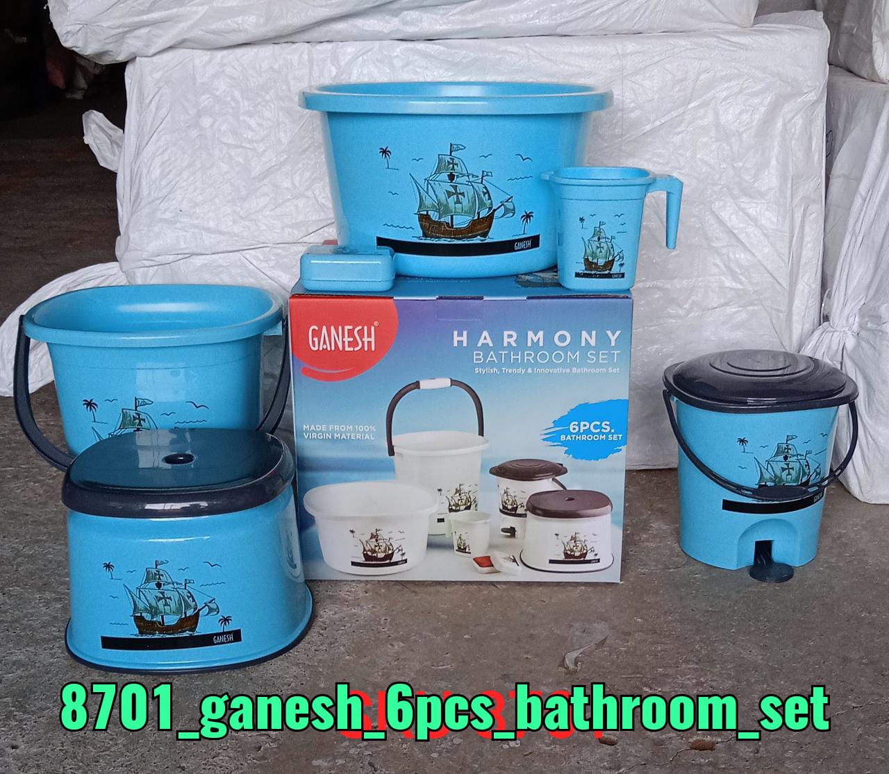 8701 Plastic Bathroom Accessories Set 6 pcs Bath Set Bathroom Bucket with Dustbin Mug, Stool, Soap Case,Tub DeoDap